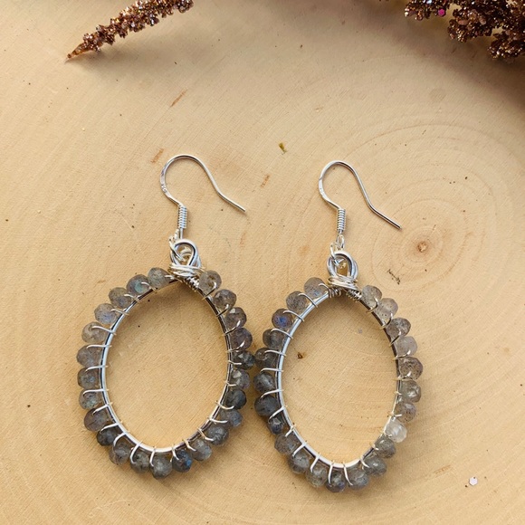 Labradorite Flash Gemstone Sterling Hoop Earrings - Picture 3 of 7